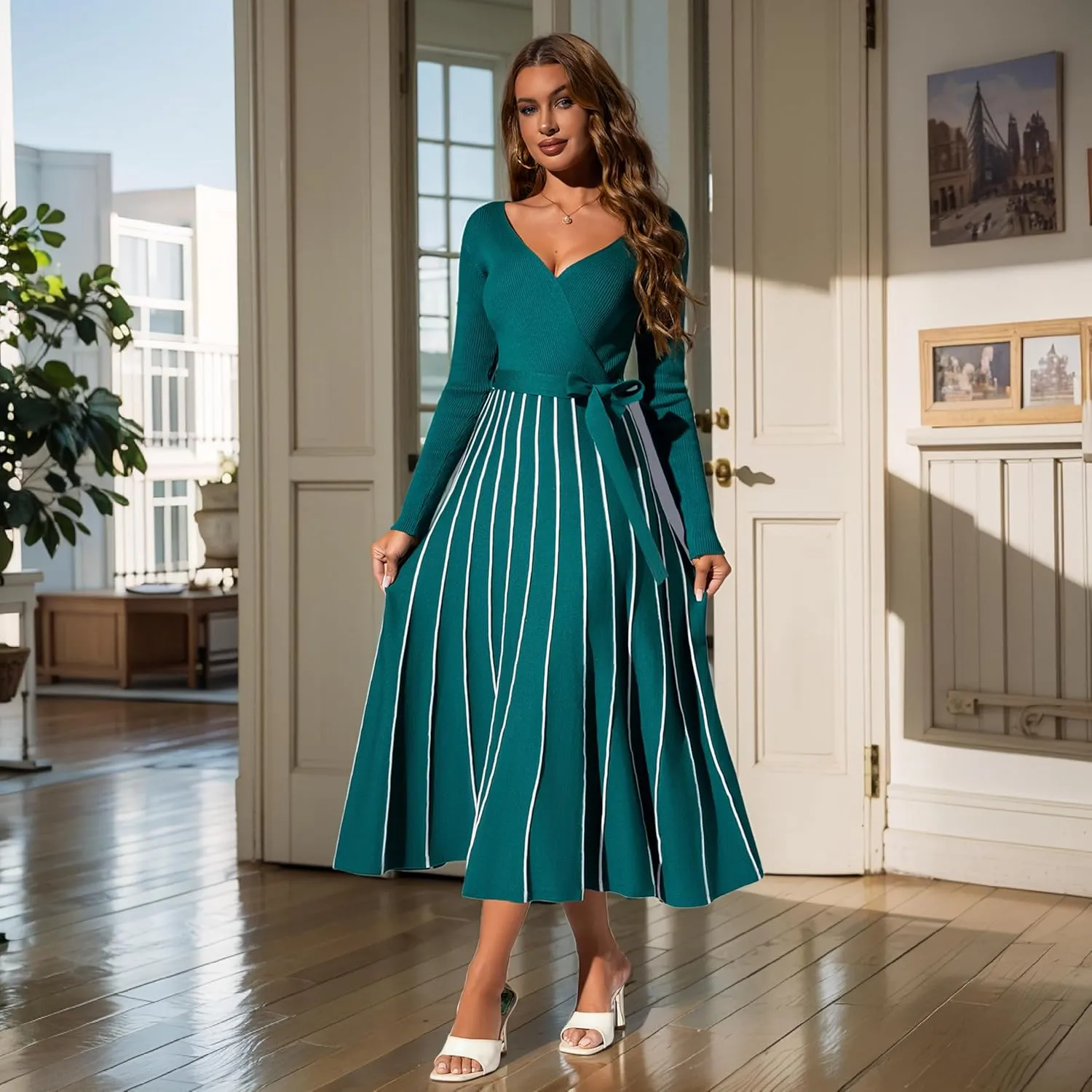 Womens 2025 Spring Autumn V Neck Wrap Dress Long Sleeve Tie Waist Ribbed Knit High Waist A Line Casual Midi Dress