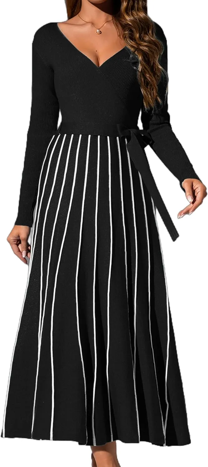 Womens 2025 Spring Autumn V Neck Wrap Dress Long Sleeve Tie Waist Ribbed Knit High Waist A Line Casual Midi Dress