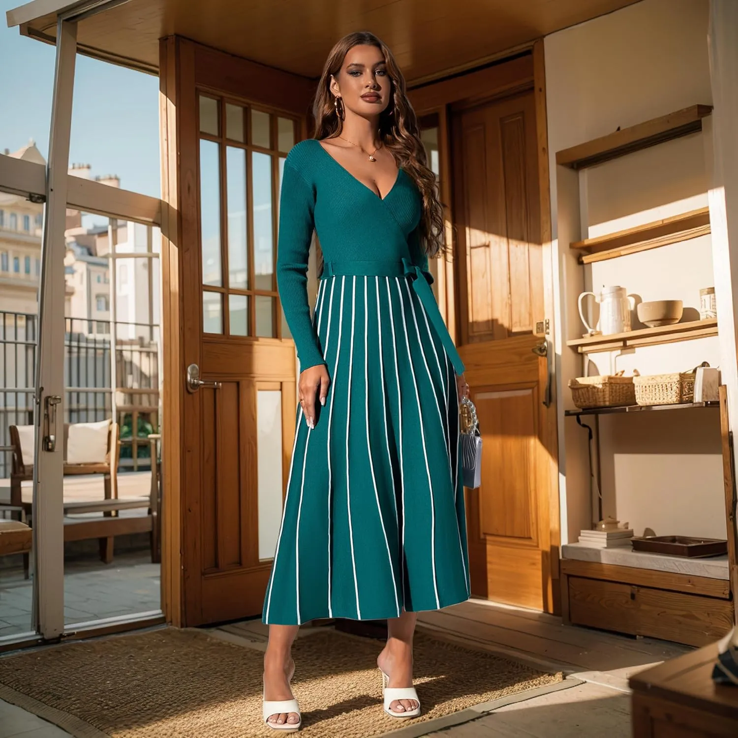 Womens 2025 Spring Autumn V Neck Wrap Dress Long Sleeve Tie Waist Ribbed Knit High Waist A Line Casual Midi Dress