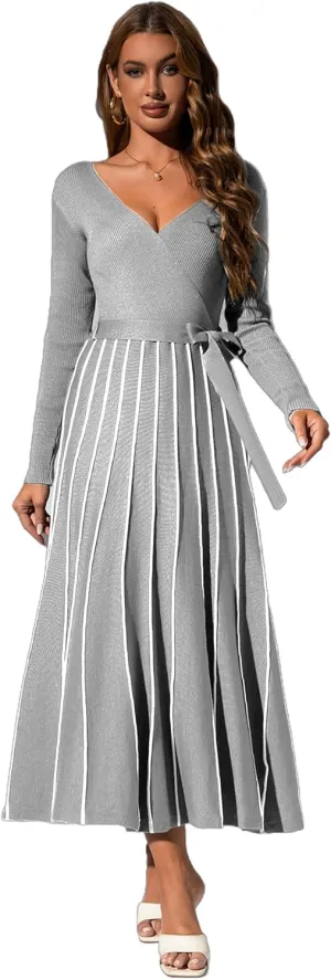 Womens 2025 Spring Autumn V Neck Wrap Dress Long Sleeve Tie Waist Ribbed Knit High Waist A Line Casual Midi Dress