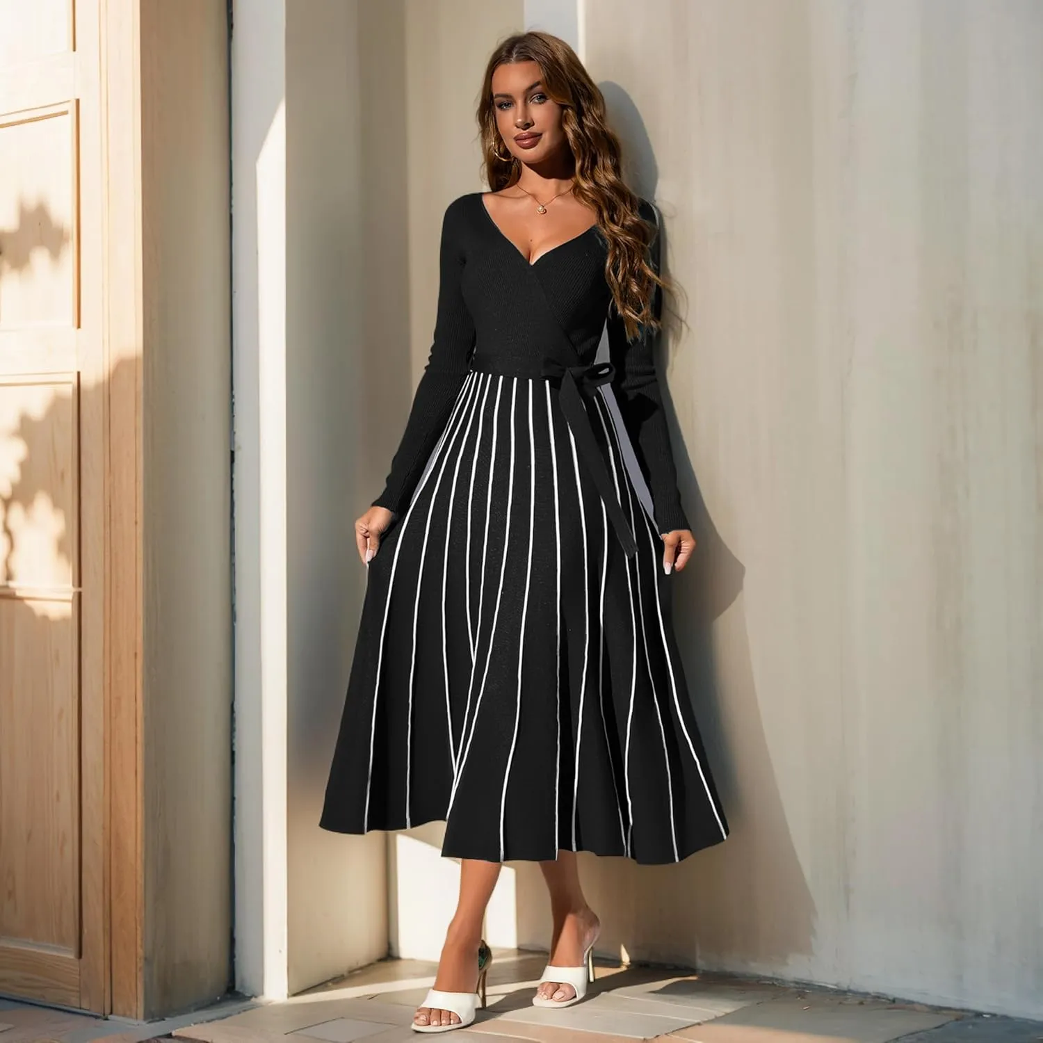 Womens 2025 Spring Autumn V Neck Wrap Dress Long Sleeve Tie Waist Ribbed Knit High Waist A Line Casual Midi Dress