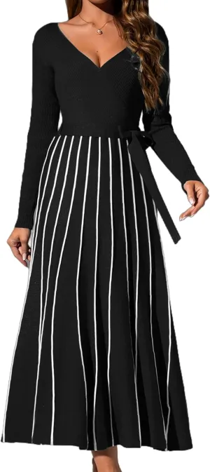 Womens 2025 Spring Autumn V Neck Wrap Dress Long Sleeve Tie Waist Ribbed Knit High Waist A Line Casual Midi Dress
