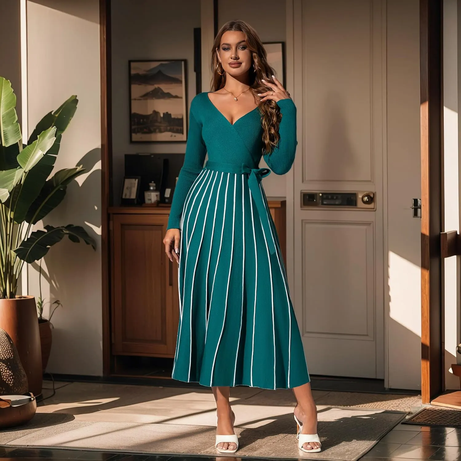 Womens 2025 Spring Autumn V Neck Wrap Dress Long Sleeve Tie Waist Ribbed Knit High Waist A Line Casual Midi Dress
