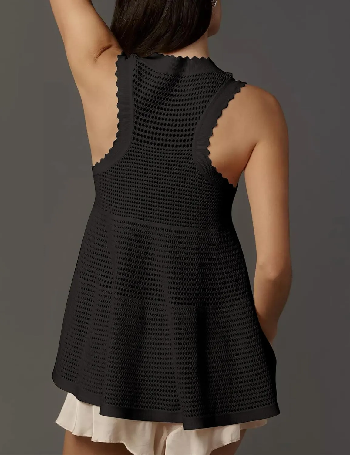 Women's Babydoll Sweater Tank Top Crochet Ruffle Hem Loose Fit Crewneck Hollow Out See Through Sweater Vest
