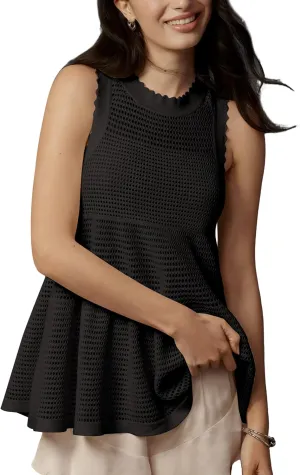 Women's Babydoll Sweater Tank Top Crochet Ruffle Hem Loose Fit Crewneck Hollow Out See Through Sweater Vest