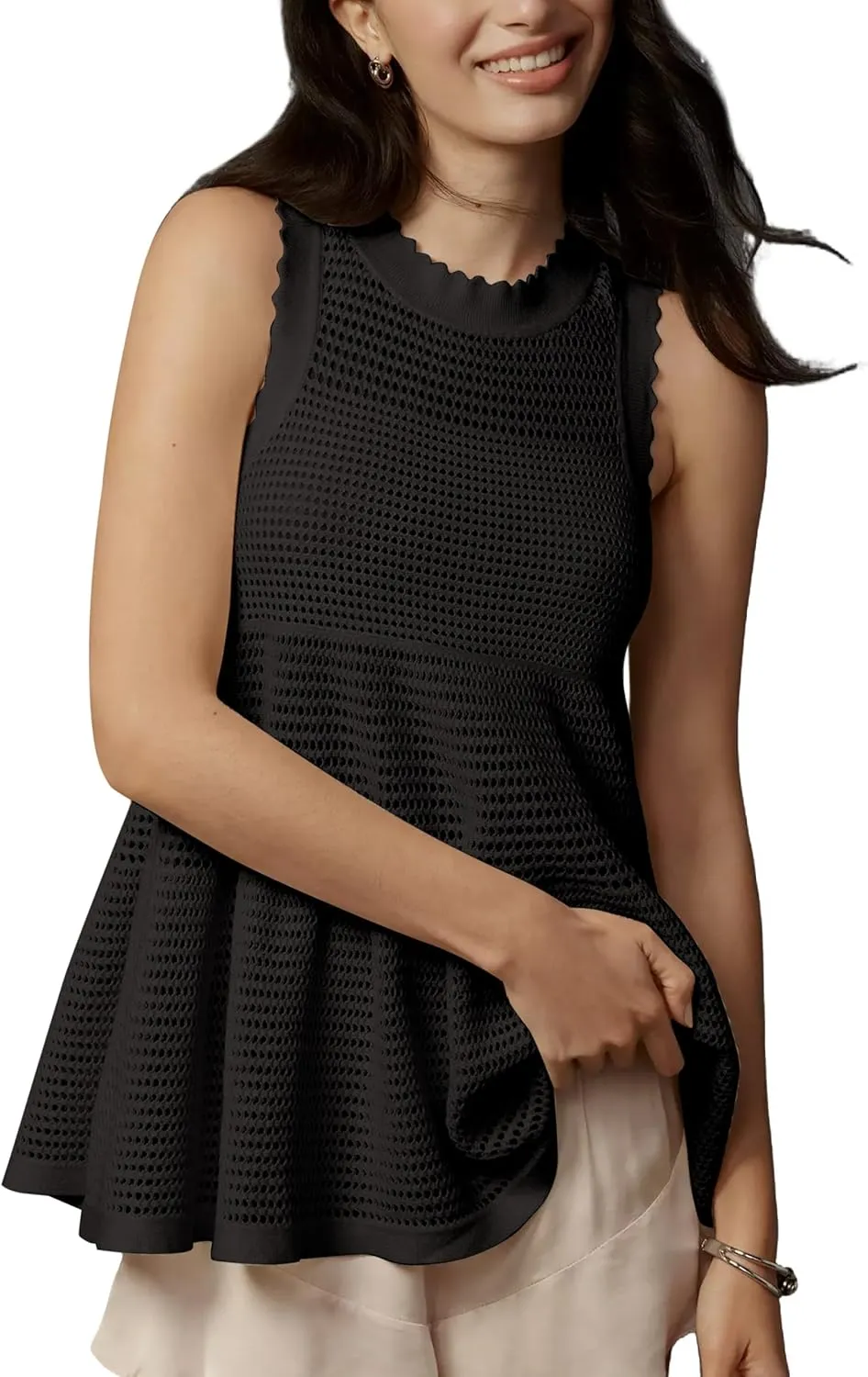 Women's Babydoll Sweater Tank Top Crochet Ruffle Hem Loose Fit Crewneck Hollow Out See Through Sweater Vest