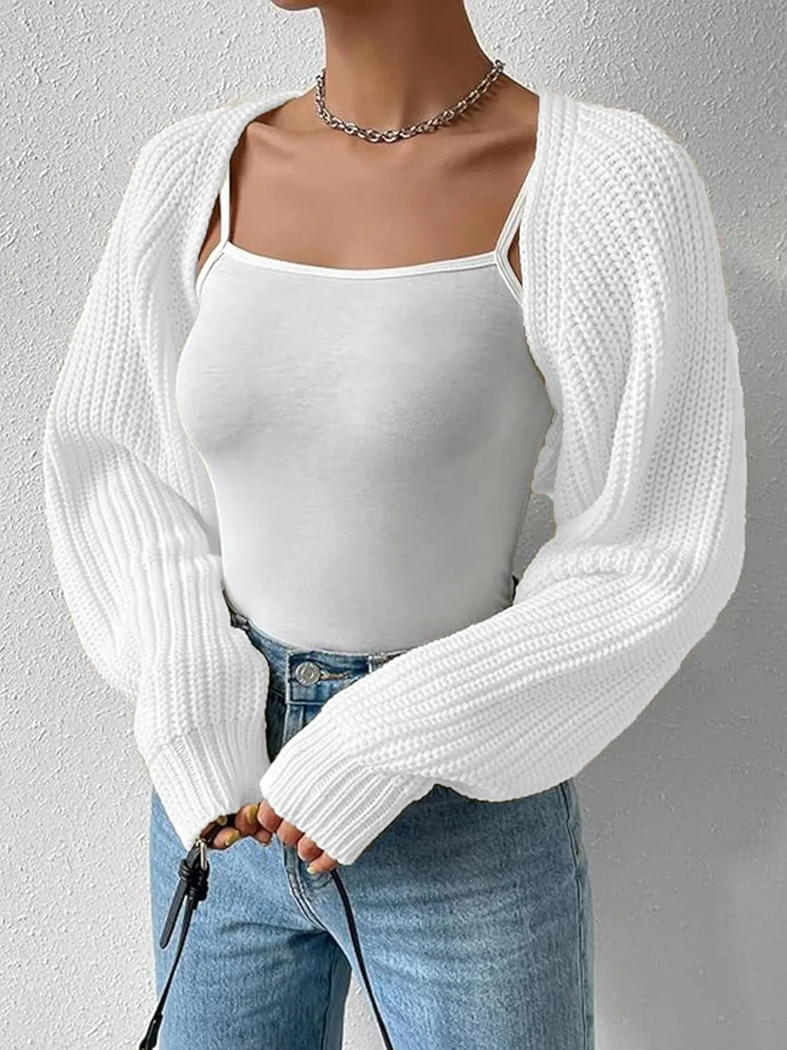 Women's Bolero Shrug Sweater Rib Knitted Long Sleeve Open Front Cropped Cardigan Y2K Tops
