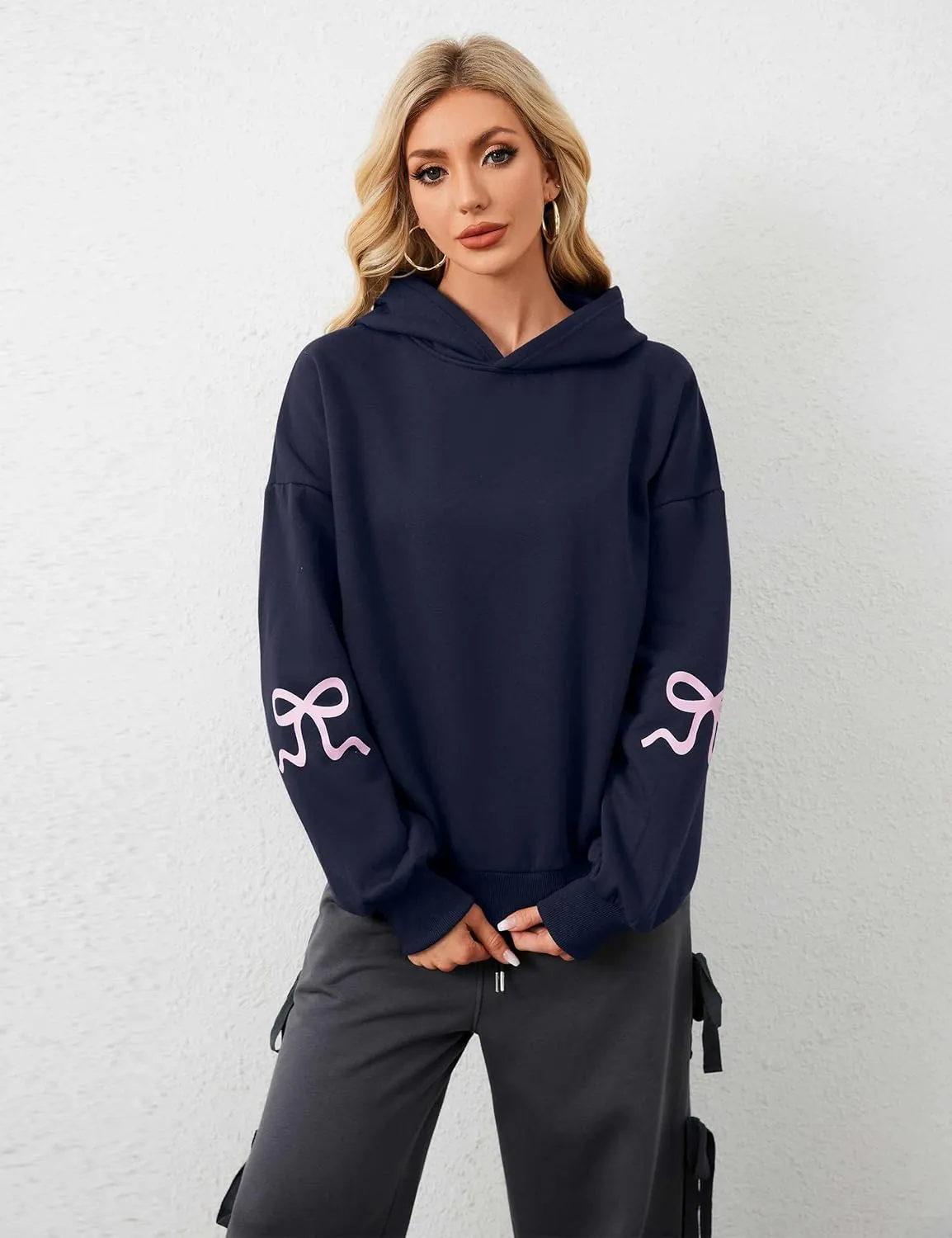 Womens Bow Graphic Hoodie Cute Bow Sweater Oversized Long Sleeve Fleece Sweatshirt Drop Shoulder Pullover Tops