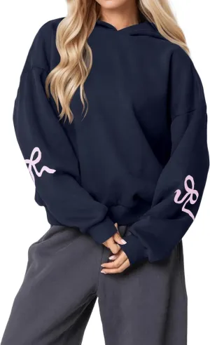 Womens Bow Graphic Hoodie Cute Bow Sweater Oversized Long Sleeve Fleece Sweatshirt Drop Shoulder Pullover Tops