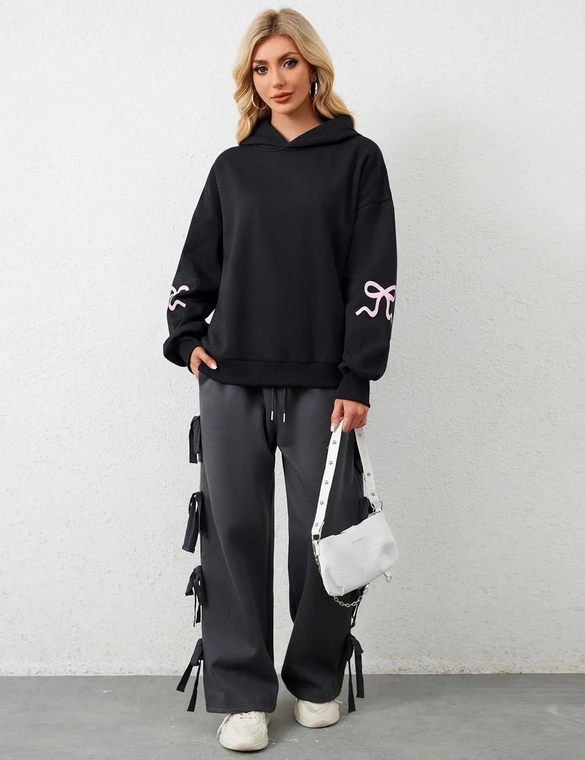 Womens Bow Graphic Hoodie Cute Bow Sweater Oversized Long Sleeve Fleece Sweatshirt Drop Shoulder Pullover Tops