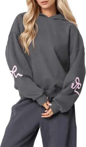 Womens Bow Graphic Hoodie Cute Bow Sweater Oversized Long Sleeve Fleece Sweatshirt Drop Shoulder Pullover Tops