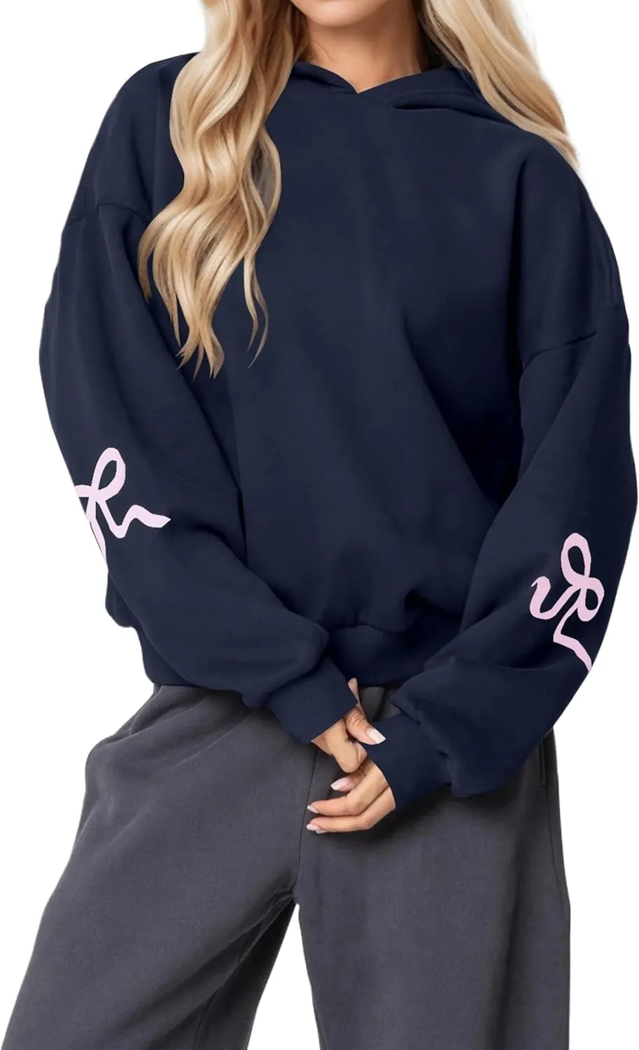 Womens Bow Graphic Hoodie Cute Bow Sweater Oversized Long Sleeve Fleece Sweatshirt Drop Shoulder Pullover Tops