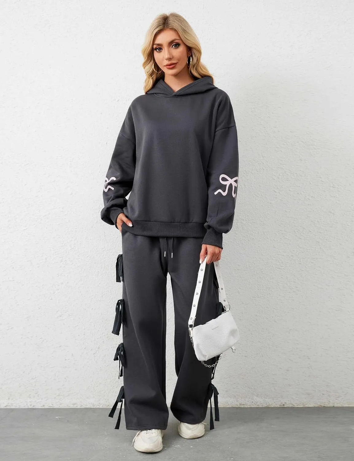 Womens Bow Graphic Hoodie Cute Bow Sweater Oversized Long Sleeve Fleece Sweatshirt Drop Shoulder Pullover Tops