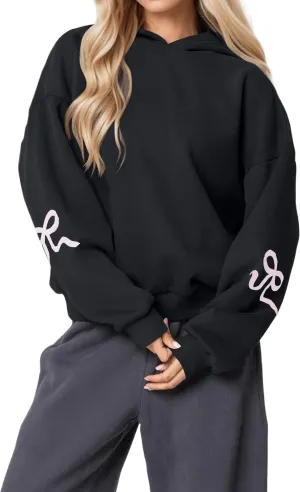 Womens Bow Graphic Hoodie Cute Bow Sweater Oversized Long Sleeve Fleece Sweatshirt Drop Shoulder Pullover Tops