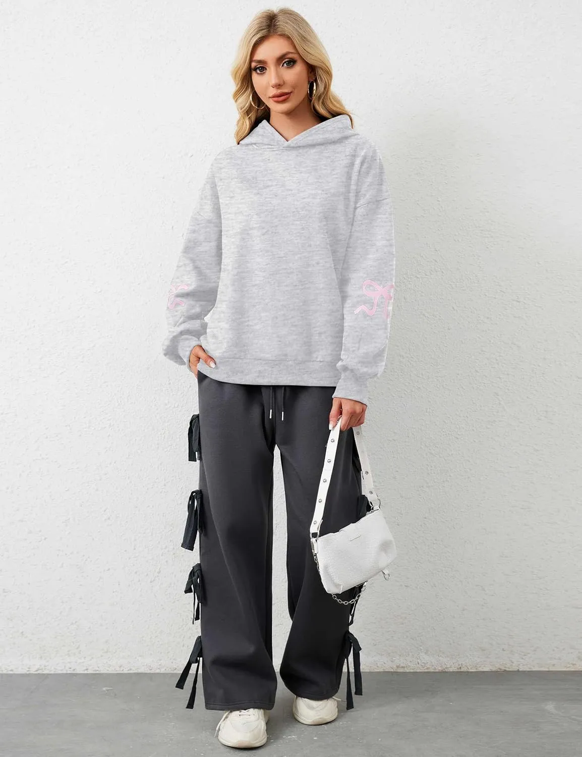 Womens Bow Graphic Hoodie Cute Bow Sweater Oversized Long Sleeve Fleece Sweatshirt Drop Shoulder Pullover Tops