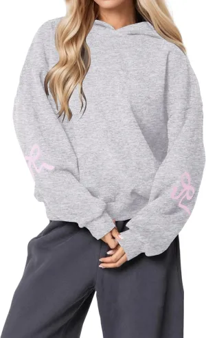 Womens Bow Graphic Hoodie Cute Bow Sweater Oversized Long Sleeve Fleece Sweatshirt Drop Shoulder Pullover Tops