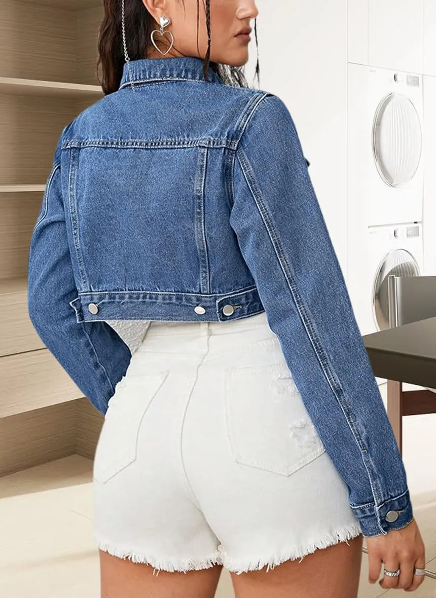 Women's Button Down Jacket Long Sleeve Cropped Top Denim Jeans Coat