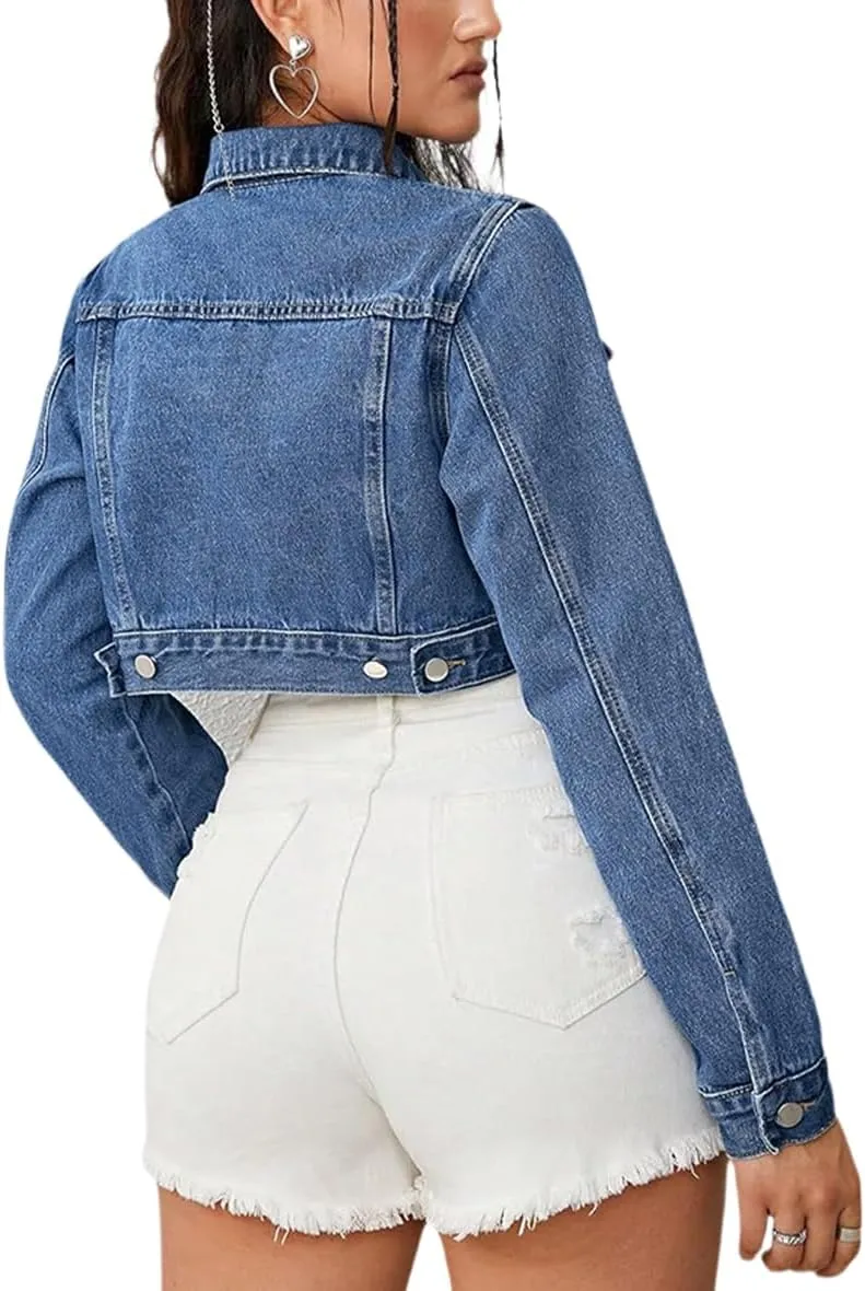 Women's Button Down Jacket Long Sleeve Cropped Top Denim Jeans Coat