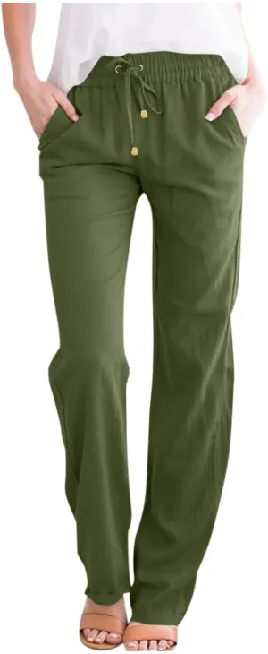 Womens Casual Linen High Waist Pants Drawstring Loose Fit 2025 Summer Beach Pants Trousers