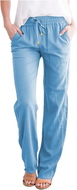 Womens Casual Linen High Waist Pants Drawstring Loose Fit Summer Pants Trousers with Side Pockets