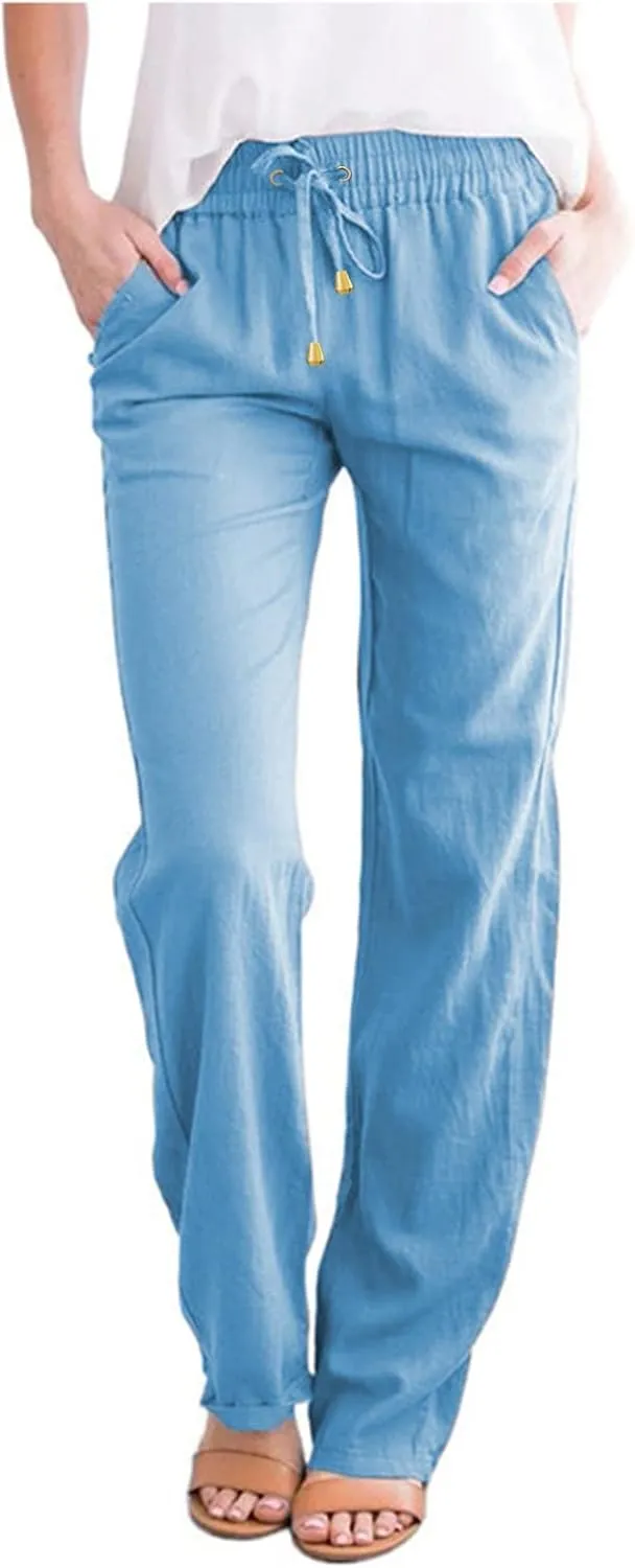 Womens Casual Linen High Waist Pants Drawstring Loose Fit Summer Pants Trousers with Side Pockets
