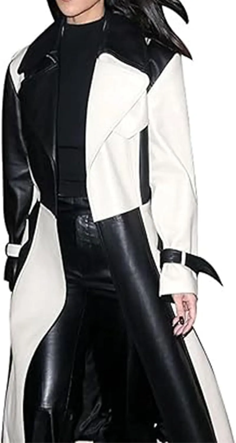 Women's Casual Real Lambskin Designer Handmade Two Tone Long Leather Trench Coat Full Length Overcoat