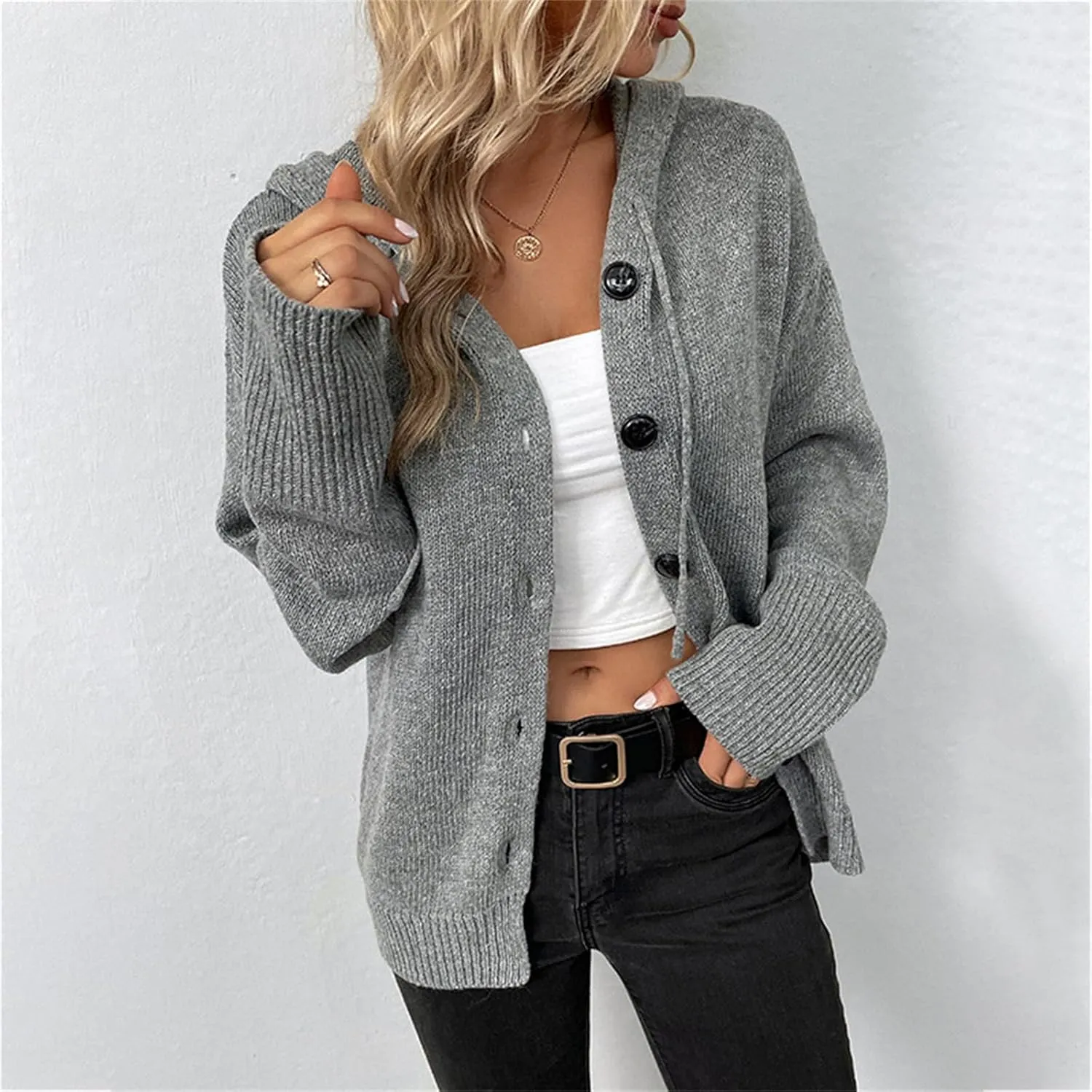 Women's Casual V Neck Button Down Hooded Cardigan Sweaters Long Sleeve Hoodies Outfits