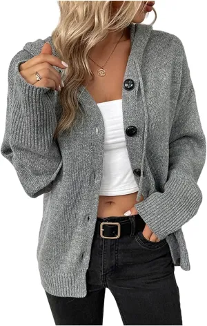 Women's Casual V Neck Button Down Hooded Cardigan Sweaters Long Sleeve Hoodies Outfits