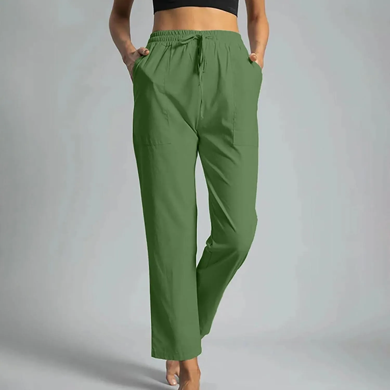 Womens Classic Casual Linen Pants Slim Fit Straight Lounge Comfy Trousers with Drawstring Elastic Waist for Summer