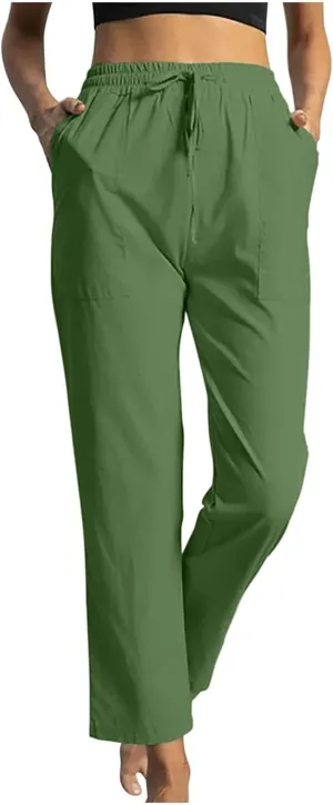 Womens Classic Casual Linen Pants Slim Fit Straight Lounge Comfy Trousers with Drawstring Elastic Waist for Summer