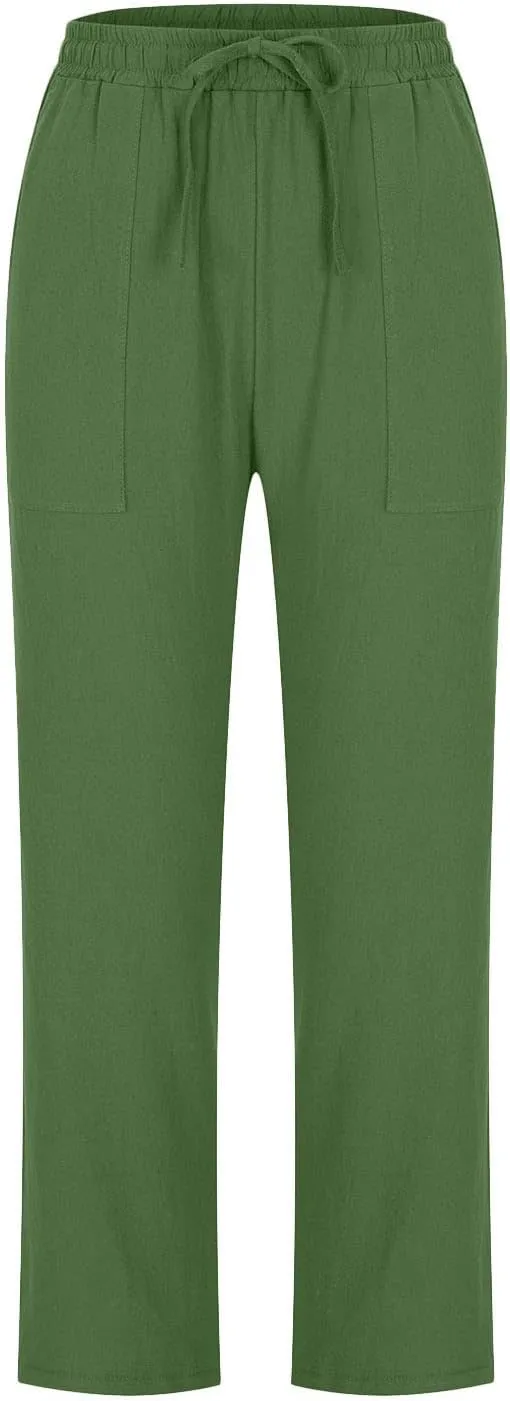 Womens Classic Casual Linen Pants Slim Fit Straight Lounge Comfy Trousers with Drawstring Elastic Waist for Summer