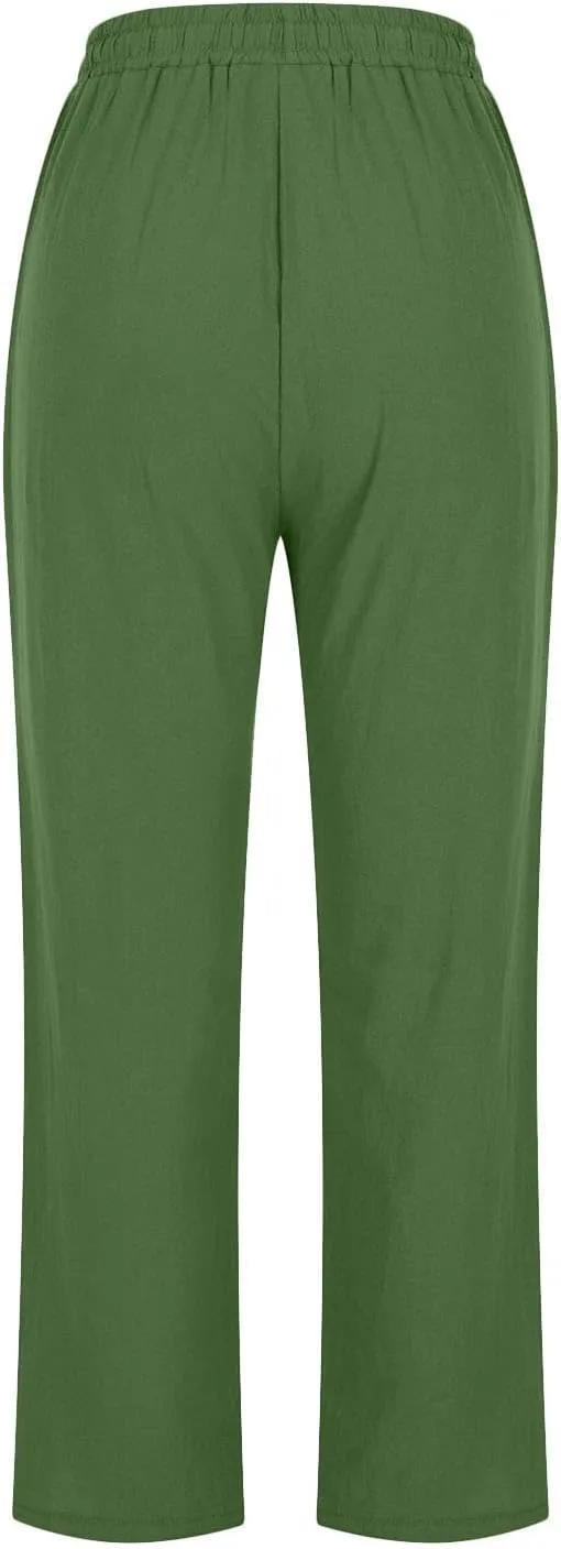 Womens Classic Casual Linen Pants Slim Fit Straight Lounge Comfy Trousers with Drawstring Elastic Waist for Summer