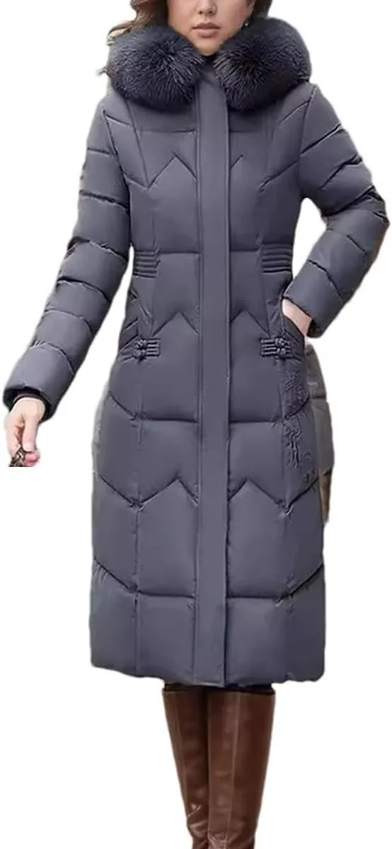 Women's Cotton Jacket Winter Long Thicken Fur Collor Parka Coats Hooded Slimming Padded Jacket