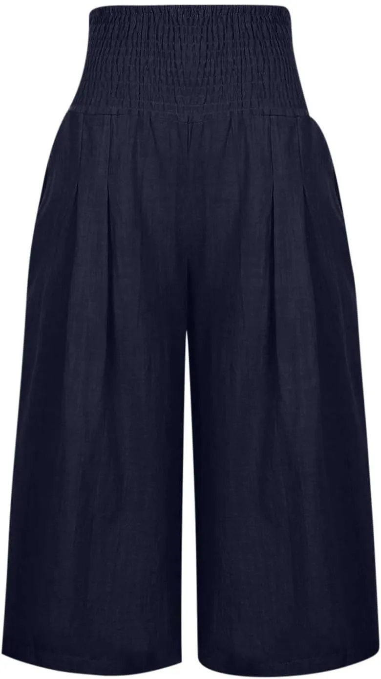 Womens Cotton Linen Capris Cropped Wide Leg Palazzo Pants High-Rise Smocked Waist Summer Trousers with Pockets