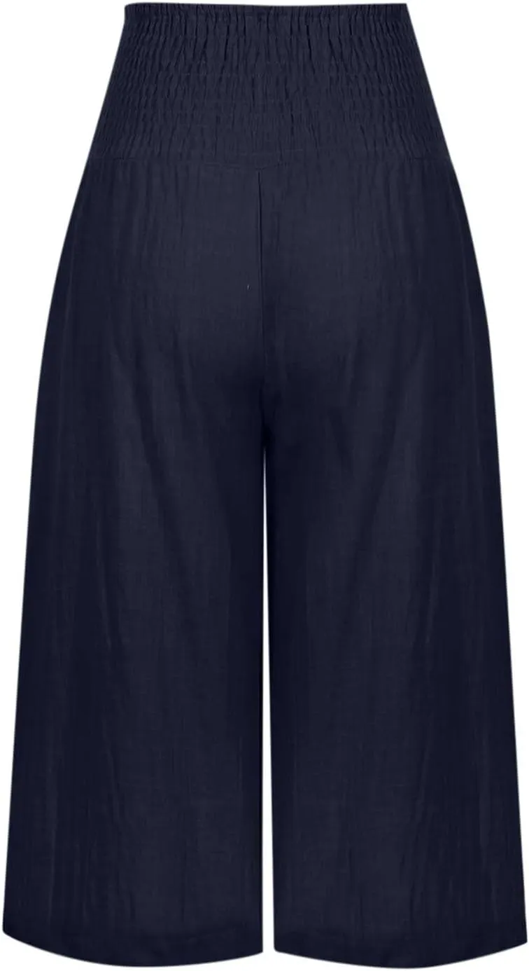 Womens Cotton Linen Capris Cropped Wide Leg Palazzo Pants High-Rise Smocked Waist Summer Trousers with Pockets