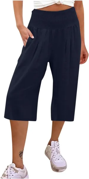 Womens Cotton Linen Capris Cropped Wide Leg Palazzo Pants High-Rise Smocked Waist Summer Trousers with Pockets