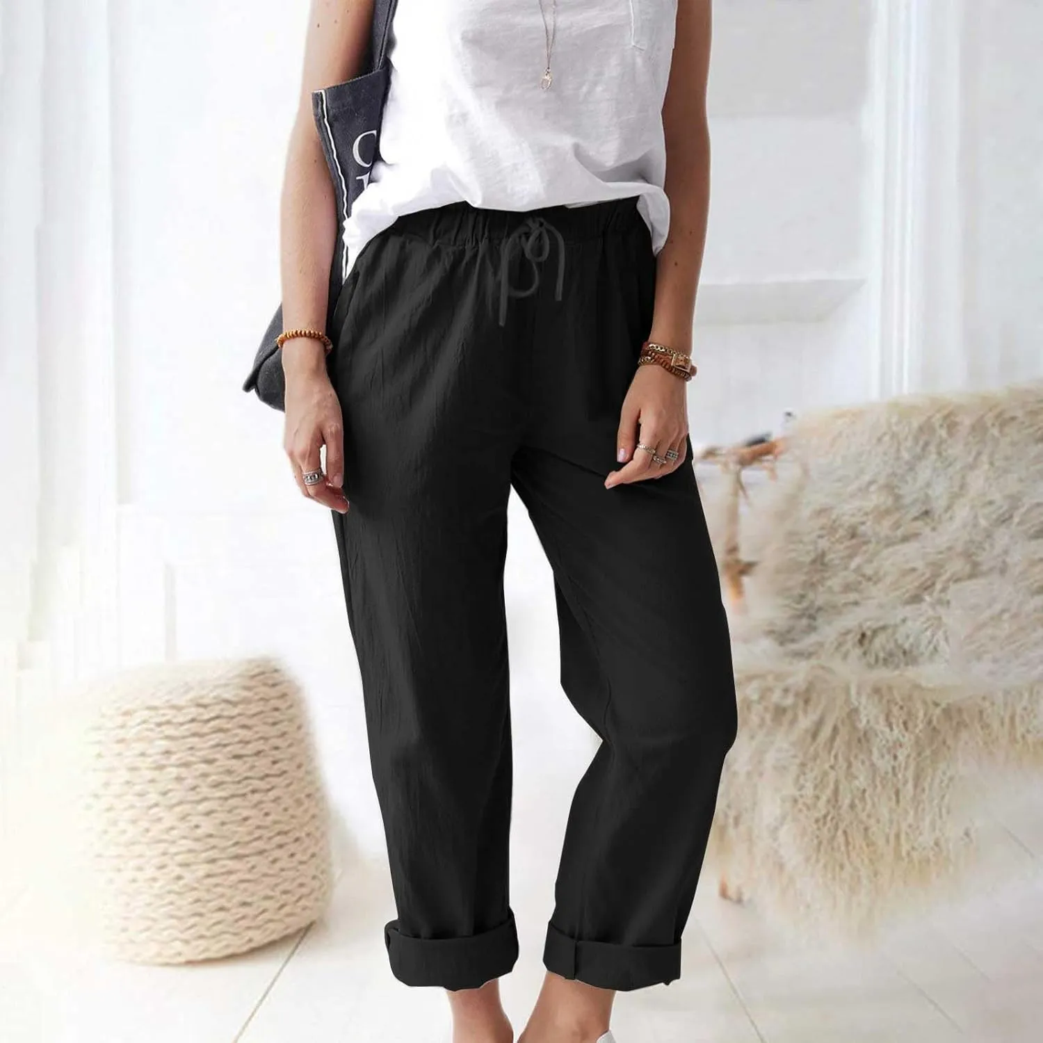 Women's Cotton Linen Micro Flared Pants Solid Summer Drawstring Wide Leg Pants Elastic Palazzo Trousers with Pockets