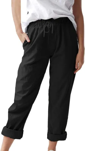 Women's Cotton Linen Micro Flared Pants Solid Summer Drawstring Wide Leg Pants Elastic Palazzo Trousers with Pockets