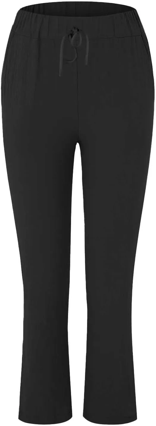 Women's Cotton Linen Micro Flared Pants Solid Summer Drawstring Wide Leg Pants Elastic Palazzo Trousers with Pockets