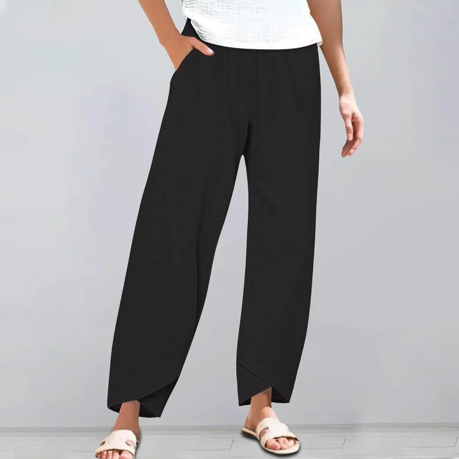 Womens Cotton Linen Straight Pants Spring Summer High-Waist Pant Loose Trousers with Irregular Pant Legs for Vacation