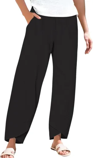 Womens Cotton Linen Straight Pants Spring Summer High-Waist Pant Loose Trousers with Irregular Pant Legs for Vacation