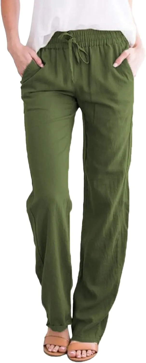 Women's Cotton Linen Summer Palazzo Pants Flowy Wide Leg Beach Trousers with Pockets