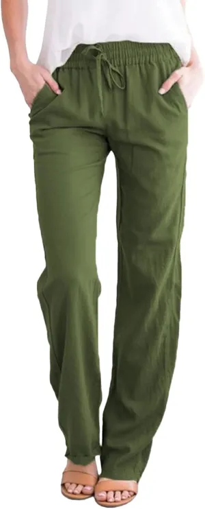 Women's Cotton Linen Summer Palazzo Pants Flowy Wide Leg Beach Trousers with Pockets