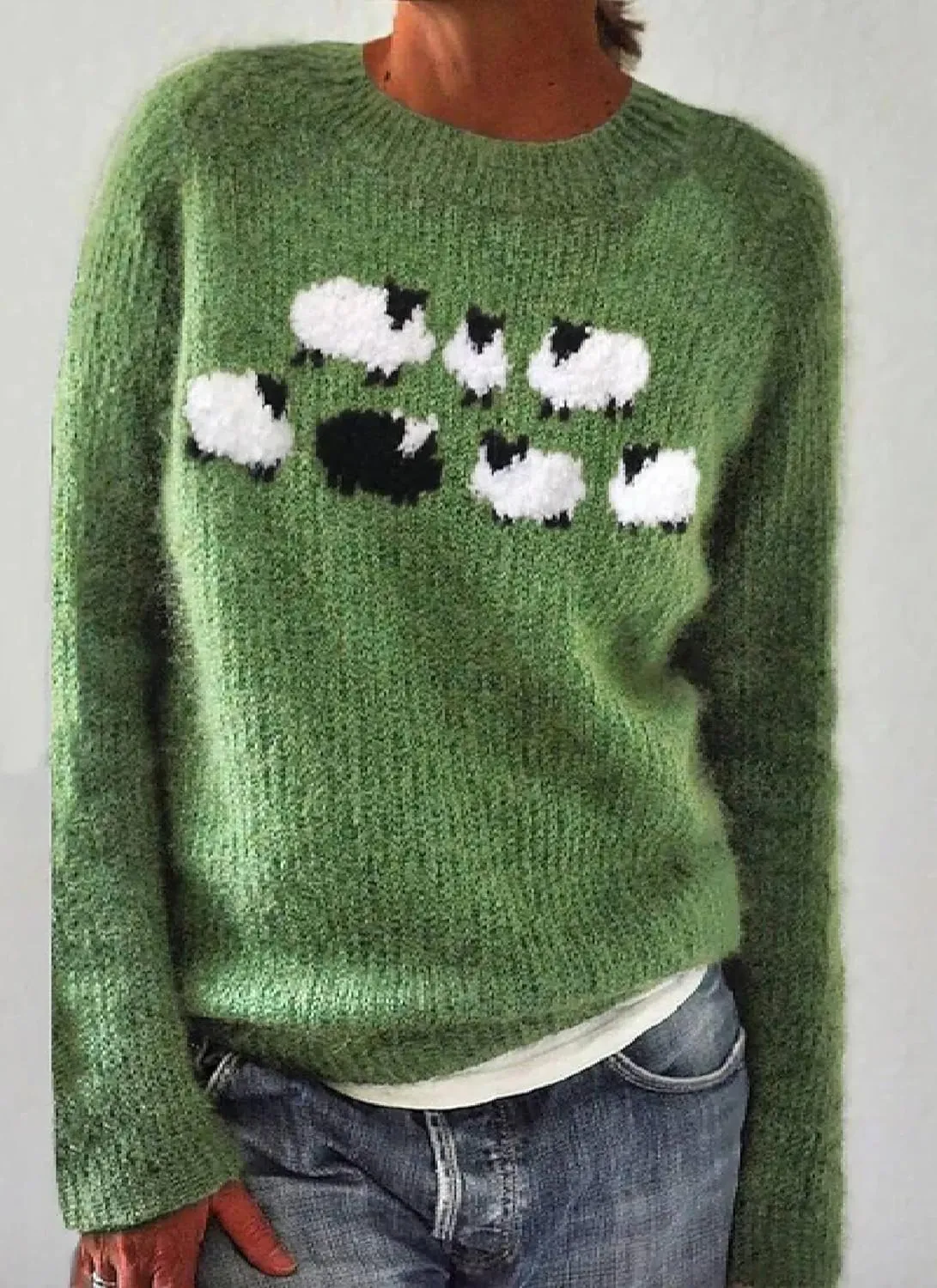 Women's Cute Sheep Printed Sweater Loose Chunky Knit Casual Long Sleeve Crew Neck Pullover Knitwear Winter Outfits