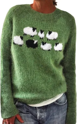 Women's Cute Sheep Printed Sweater Loose Chunky Knit Casual Long Sleeve Crew Neck Pullover Knitwear Winter Outfits
