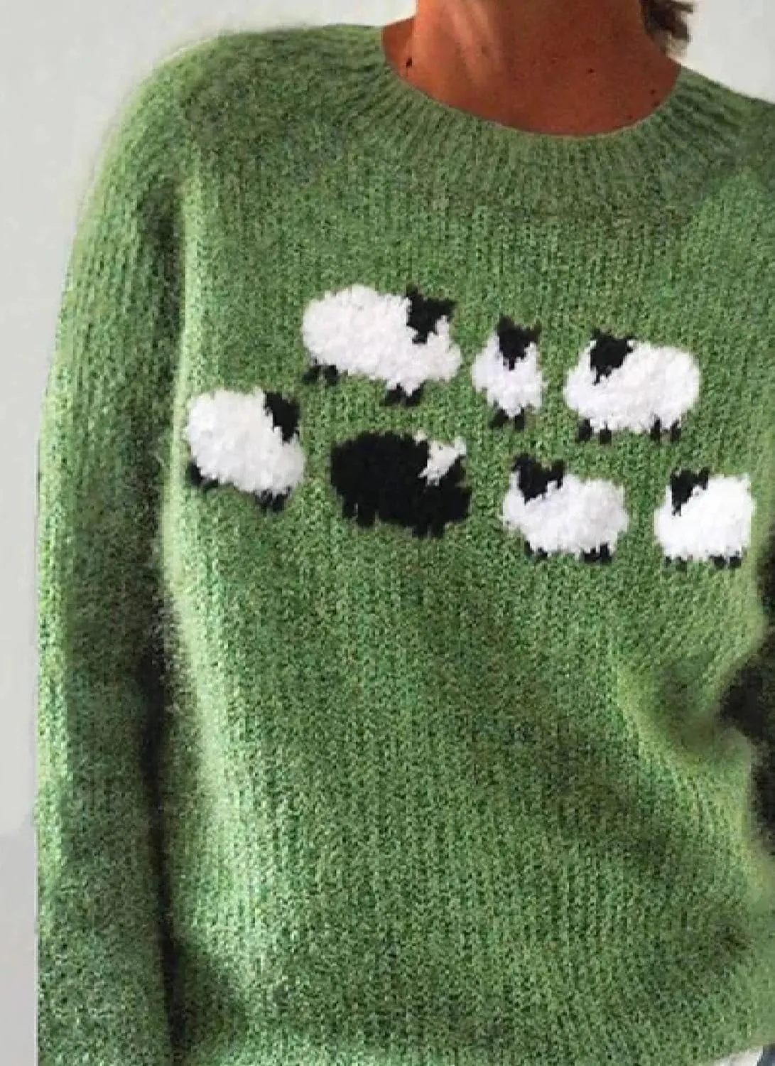 Women's Cute Sheep Printed Sweater Loose Chunky Knit Casual Long Sleeve Crew Neck Pullover Knitwear Winter Outfits