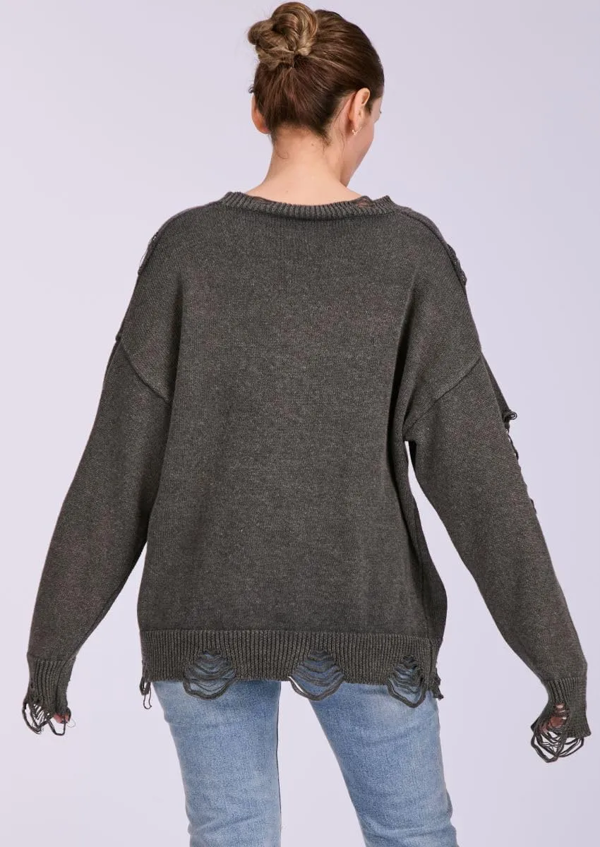 Women's Distressed Ripped Cardigan Sweater V Neck Button Down Long Sleeve Slouchy Pullover Knit Sweater