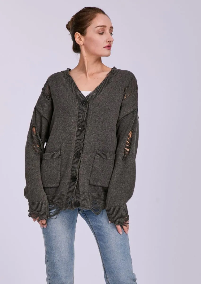 Women's Distressed Ripped Cardigan Sweater V Neck Button Down Long Sleeve Slouchy Pullover Knit Sweater
