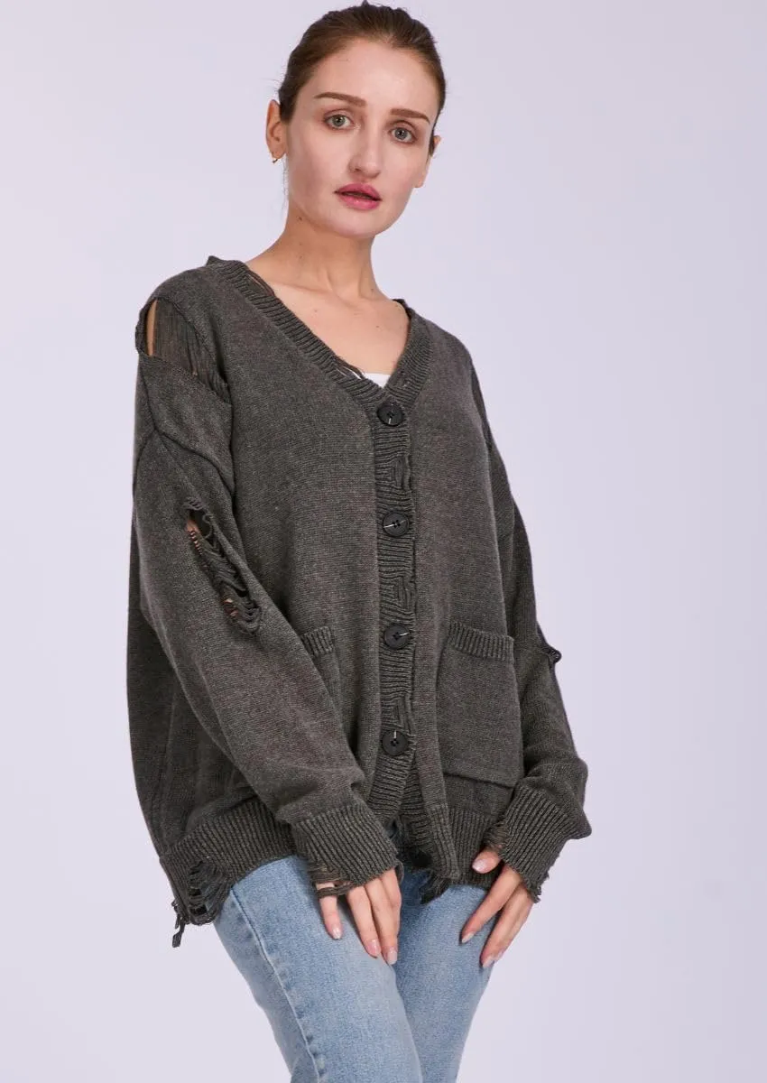 Women's Distressed Ripped Cardigan Sweater V Neck Button Down Long Sleeve Slouchy Pullover Knit Sweater