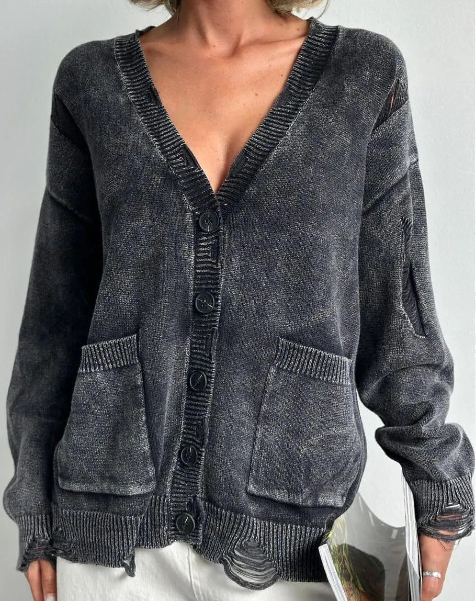 Women's Distressed Ripped Cardigan Sweater V Neck Button Down Long Sleeve Slouchy Pullover Knit Sweater